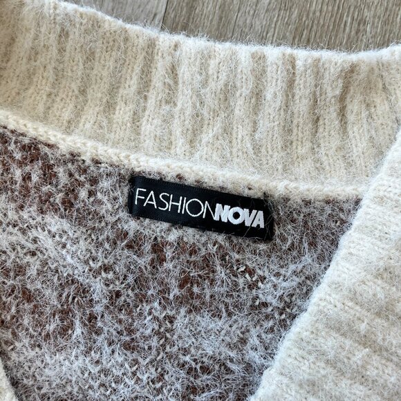 Womens Fashion Nova Cream/Brown Cropped Sweater Cardigan - M - Picture 6 of 6